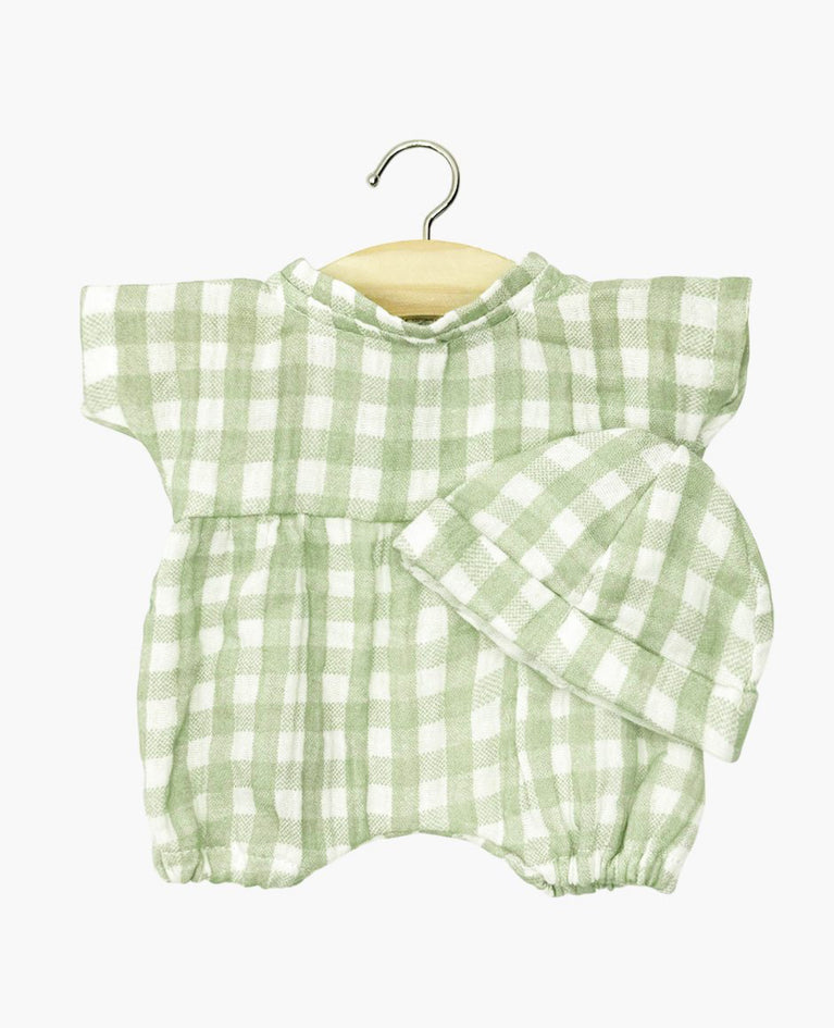 Babies – Barboteuse Noa et son bonnet en gaze de coton Vichy vert avec pochon