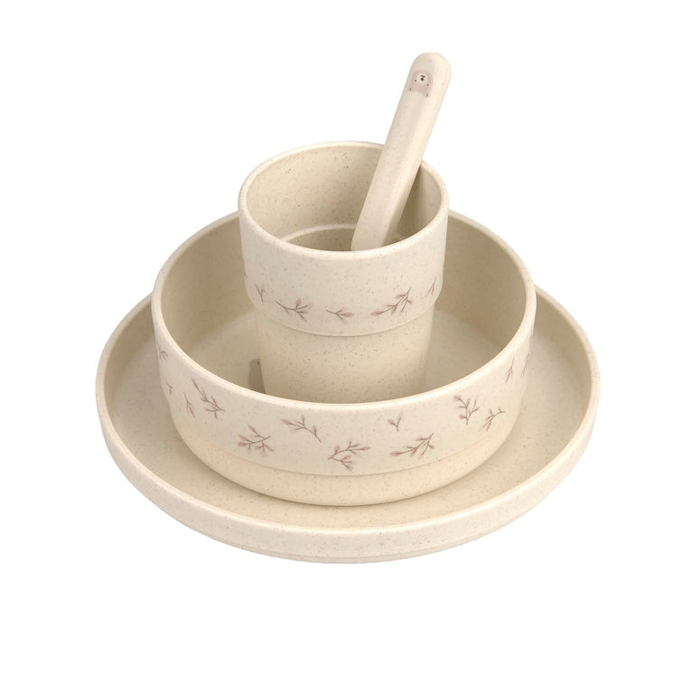 Coffret repas enfants (assiette, bol, tasse, cuillère), Feuilles