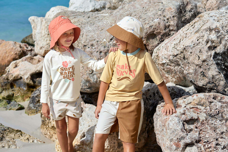 T-shirt de bains à manches longues enfants (anti-UV) - Fleurs, écru