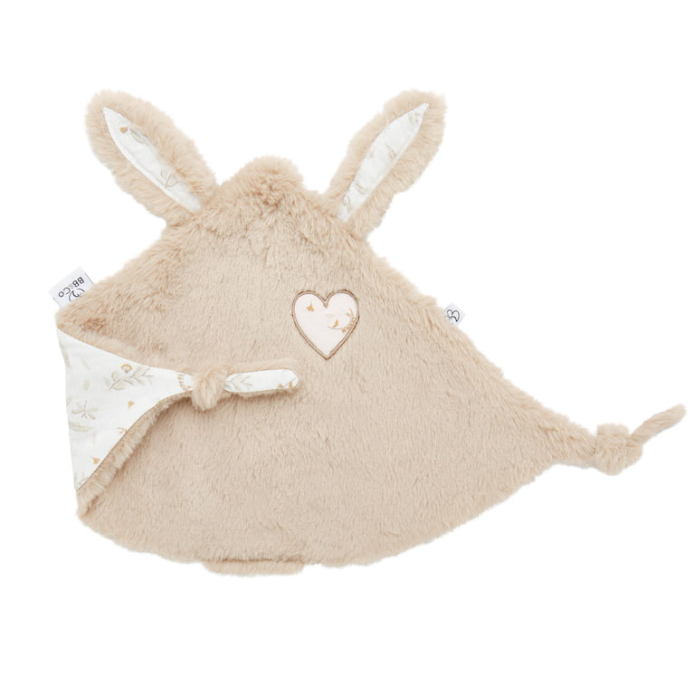 Doudou lapin petit cœur – fausse fourrure beige / coton imprimé
