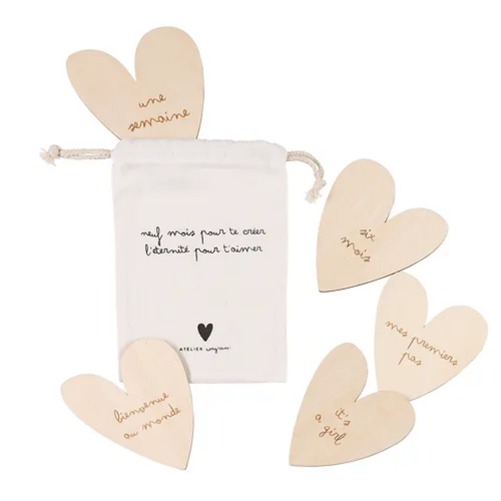 Carte étape en bois "neuf mois pour te créer, l'éternité pour t'aimer"