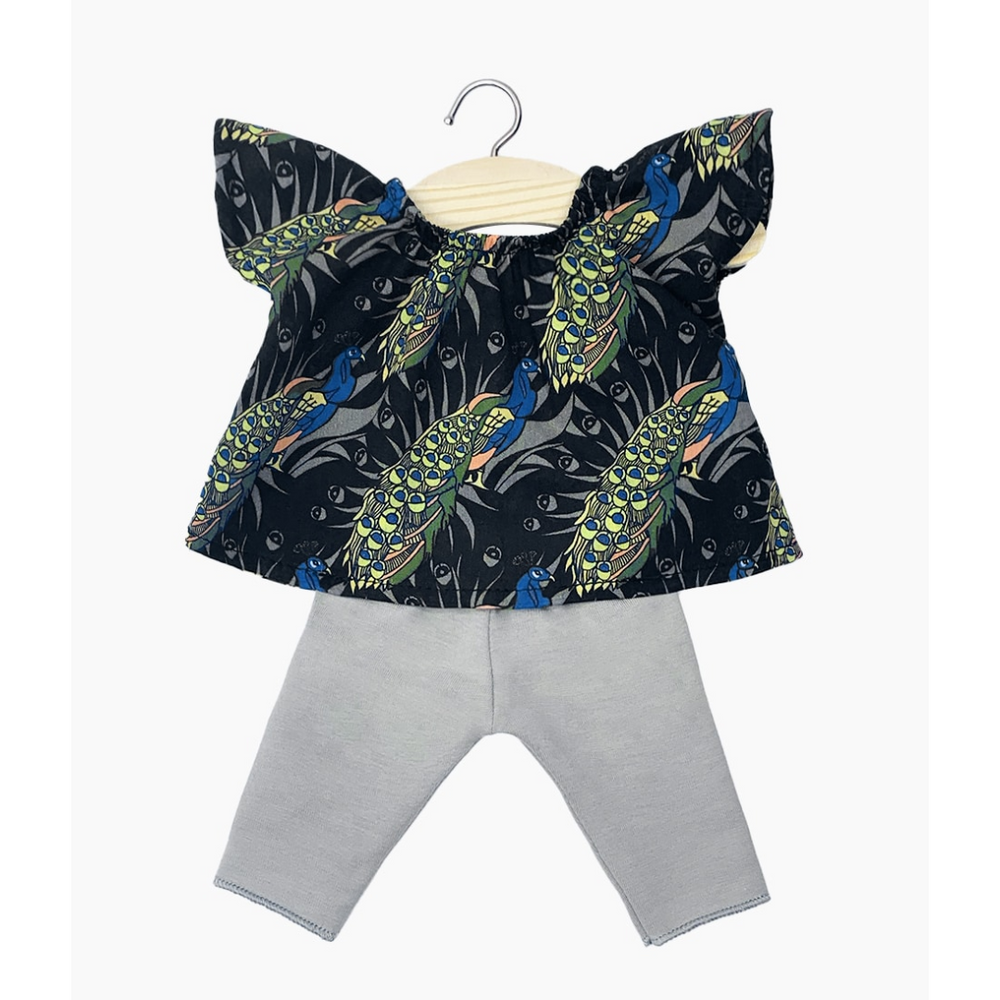 Habit poupée 34/37 cm - Ensemble top paons & legging gris