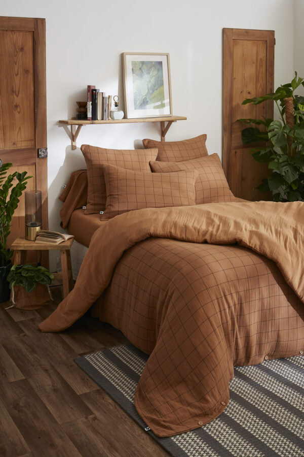 Housse de couette réversible 140 x 200 cm Gaze de coton GAÏA MATCH Camel