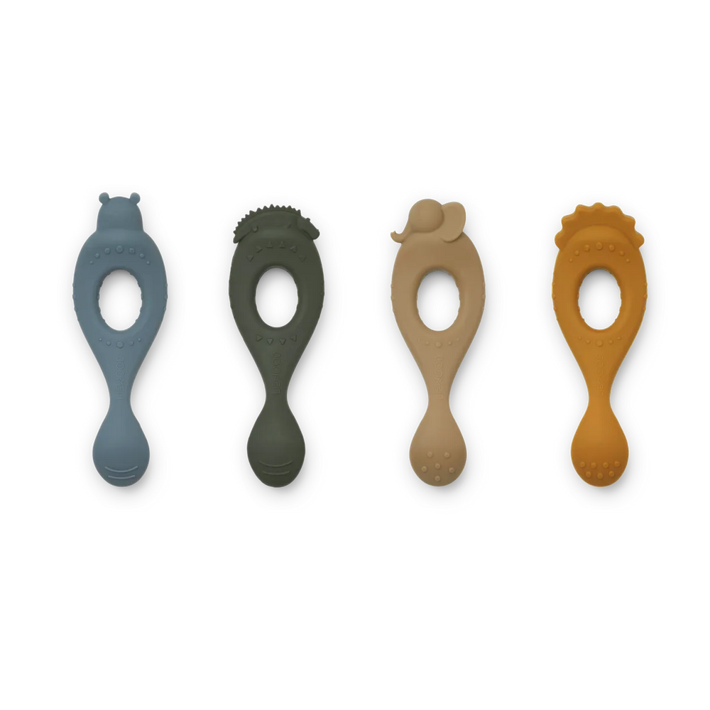 Cuillère en silicone Liva, pack de 4 - Safari/Blue multimix