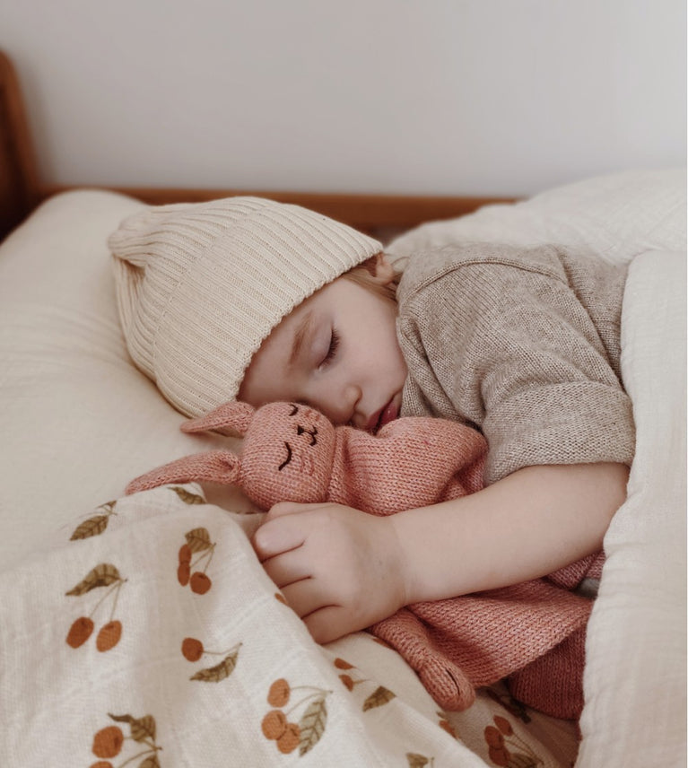 Doudou plat tricoté - lapin rose