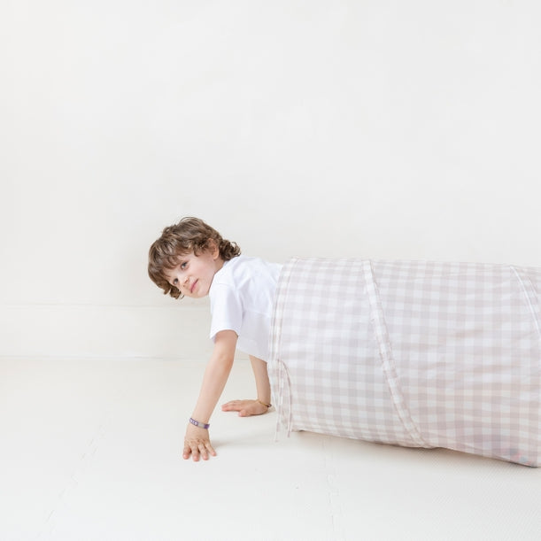 Tunnel de jeu pour enfants en tissu recyclé écologique - vichy beige