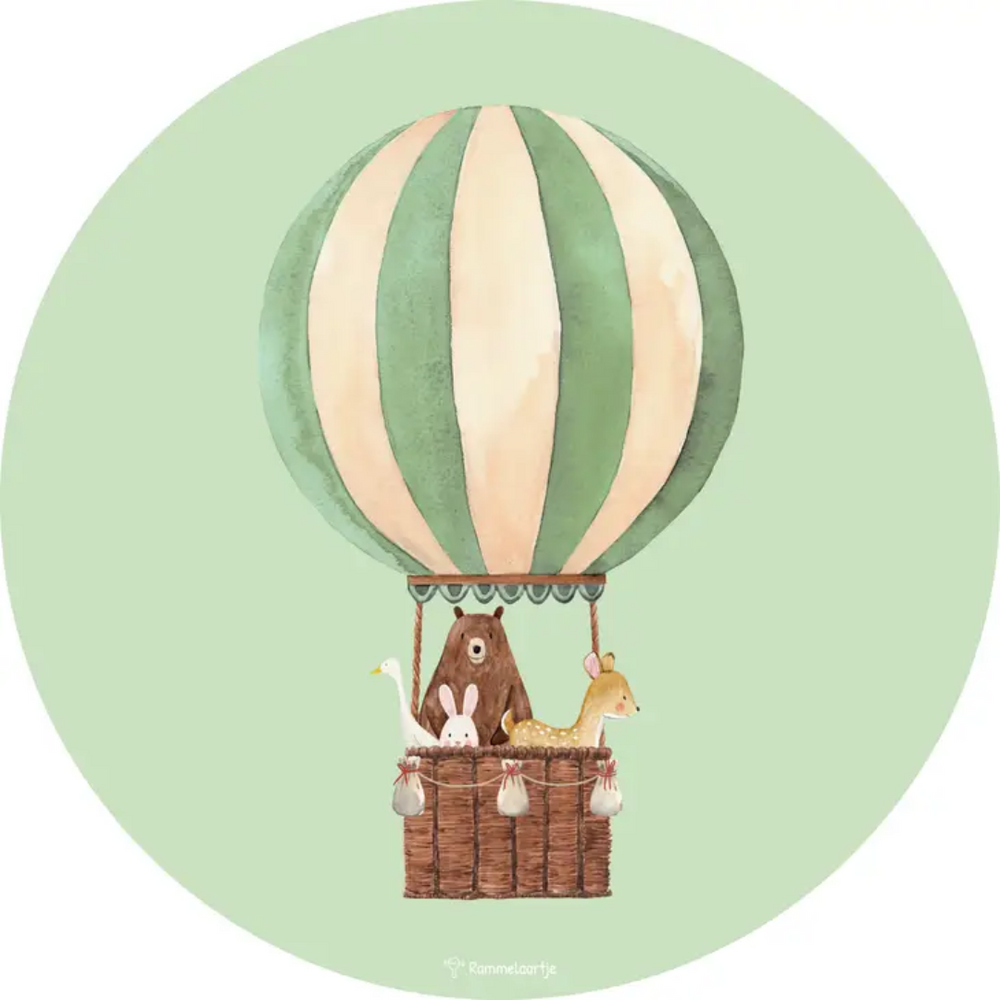 Sticker mural 50 cm - Animaux de la forêt en montgolfière verte