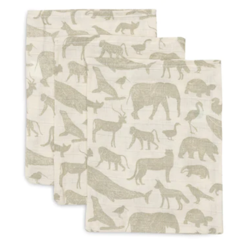 3 gants de toilette - animals olive green