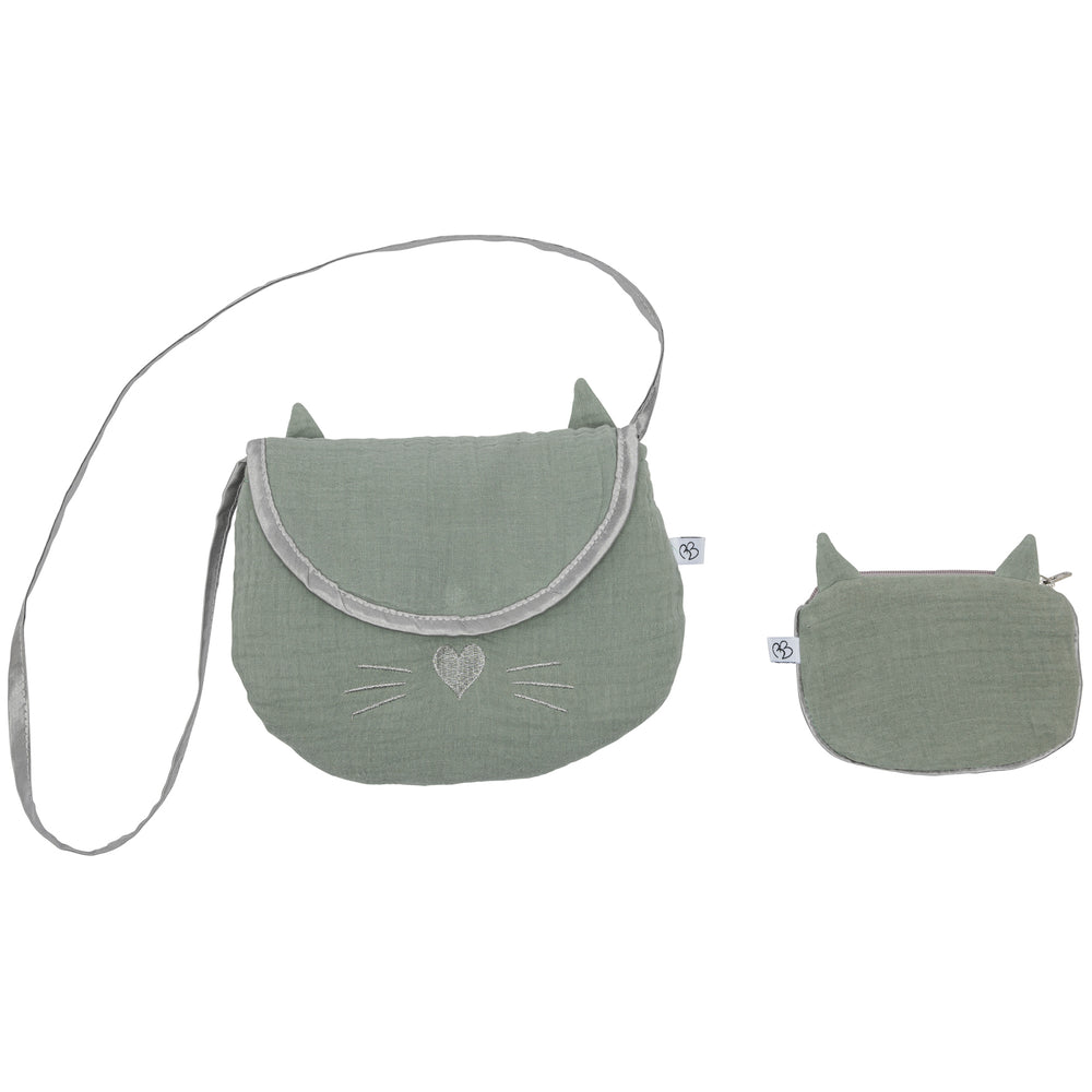 Sac bandoulière + porte-monnaie Chat gaze coton vert de gris / argent