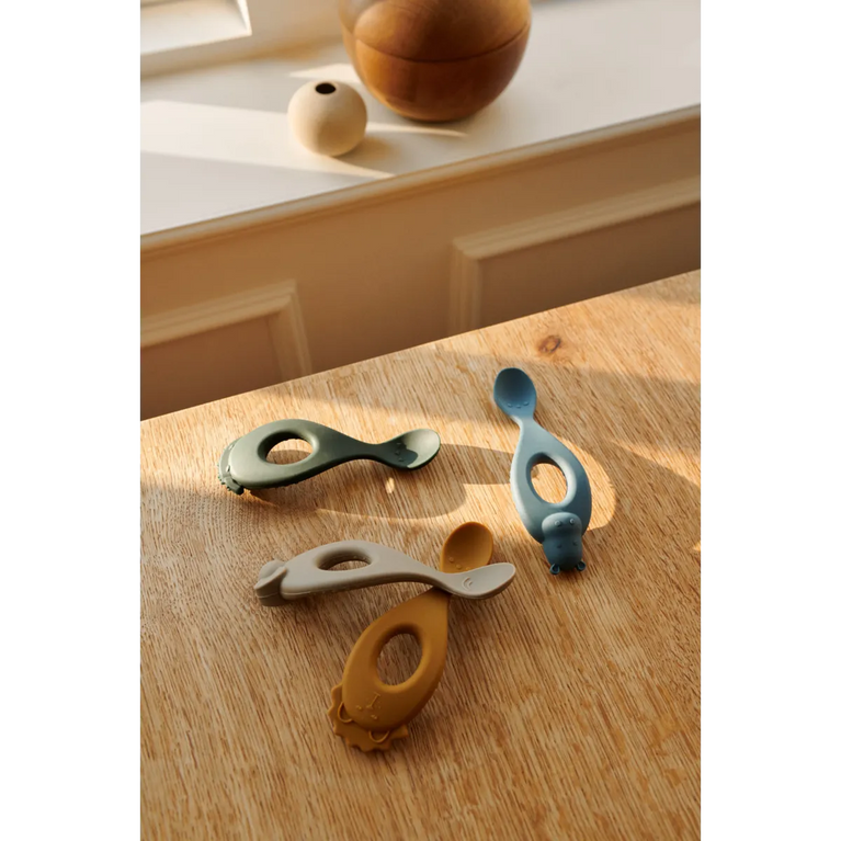 Cuillère en silicone Liva, pack de 4 - Safari/Blue multimix