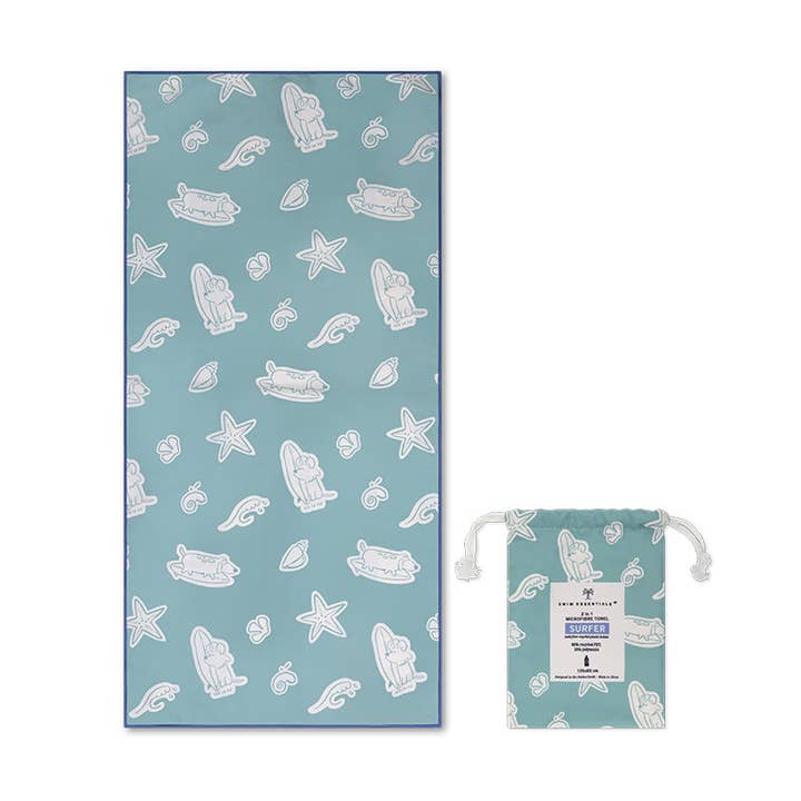 Serviette de plage en microfibre - Verte - Chiens surfeurs - 135 x 65 cm