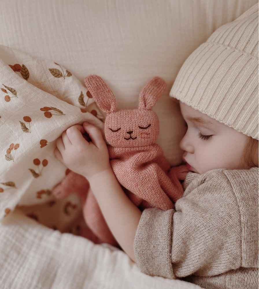 Doudou plat tricoté - lapin rose
