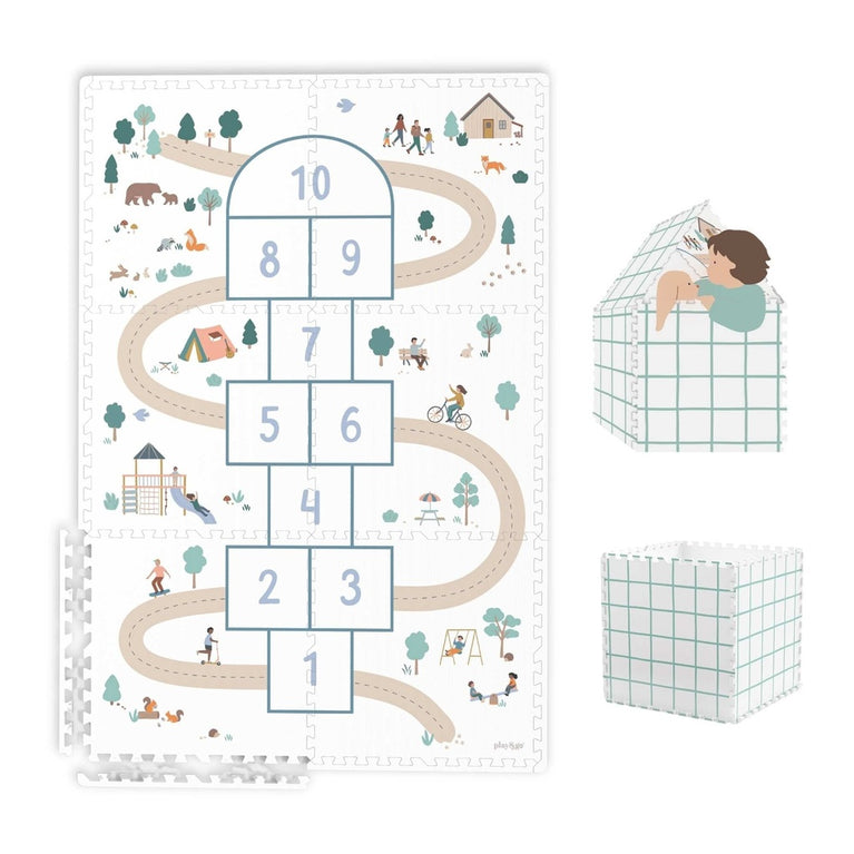 tapis puzzel, boîte de rangement & mini maison - Marelle